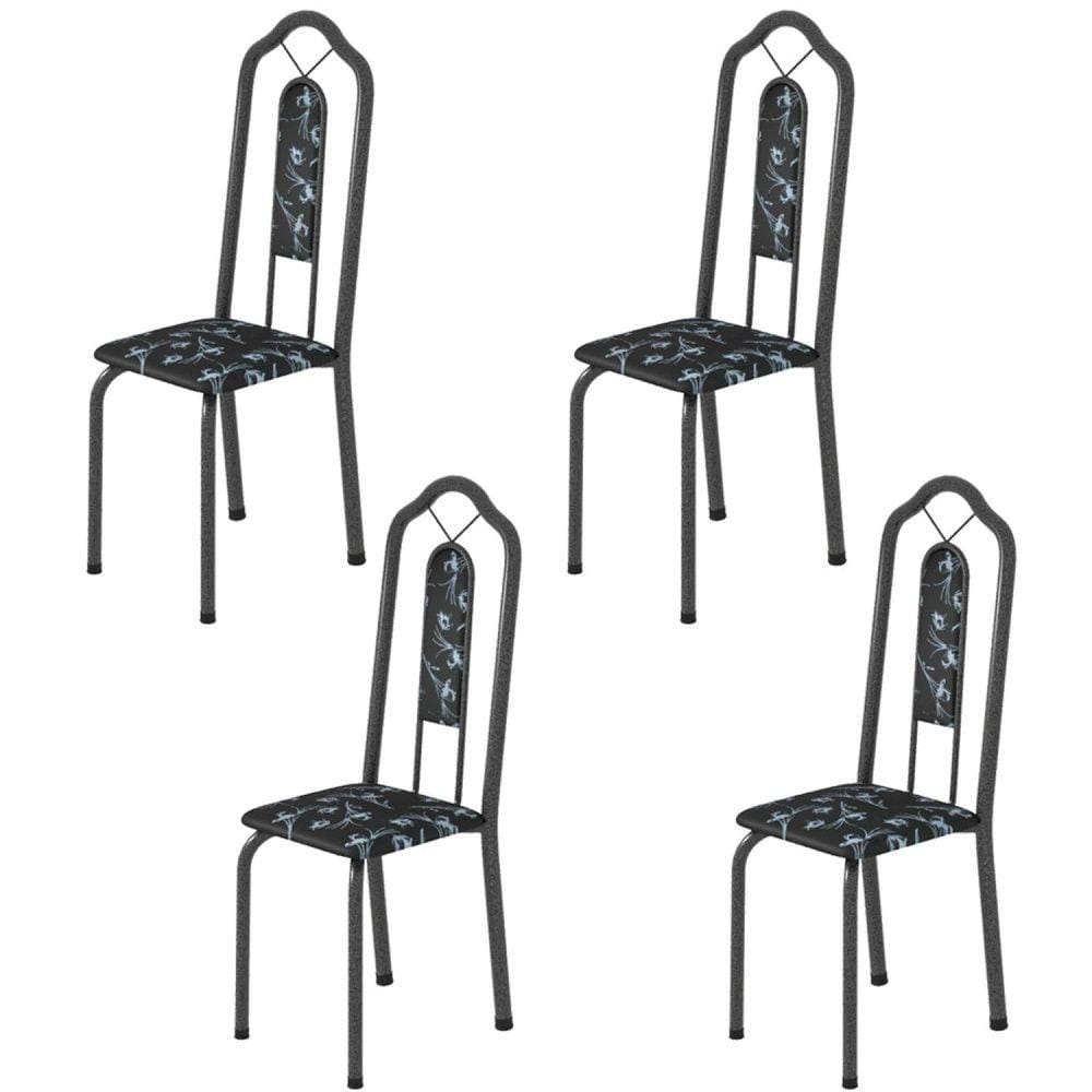 Kit 4 Cadeiras Tubular Bianca Soma Móveis Martelado Prata/Preto floral