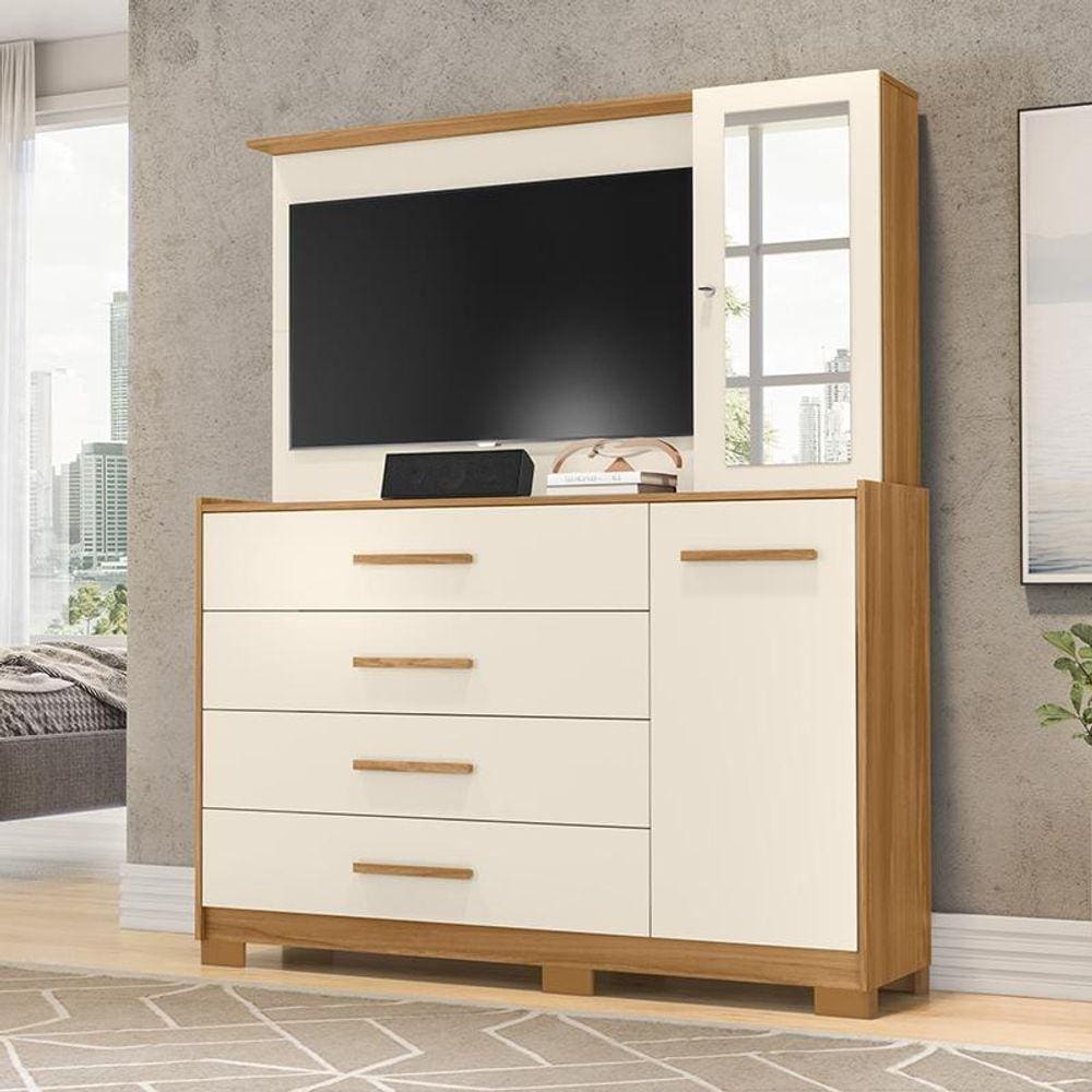 Cômoda Quarto Com Painel Para Tv Ilhabela 4 Gavetas 2 Portas Carvalho off White Carvalho off White