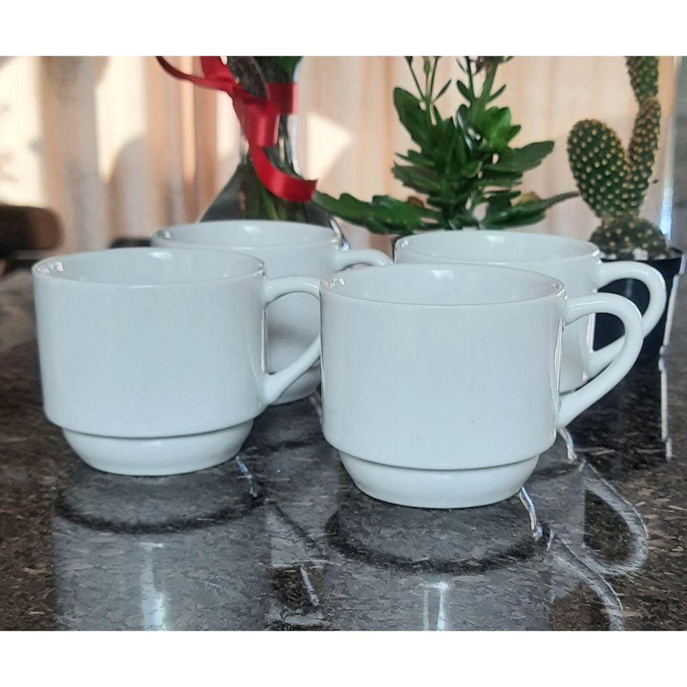 Kit Jogo 4 Xicaras Café/Chá hotel 200ml Empilháveis - Porcelana Branca