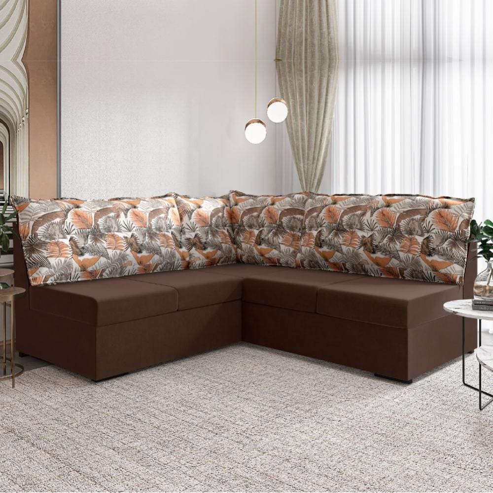 Sofá de Canto 5 Lugares Renaut Suede Marrom / Palmeira