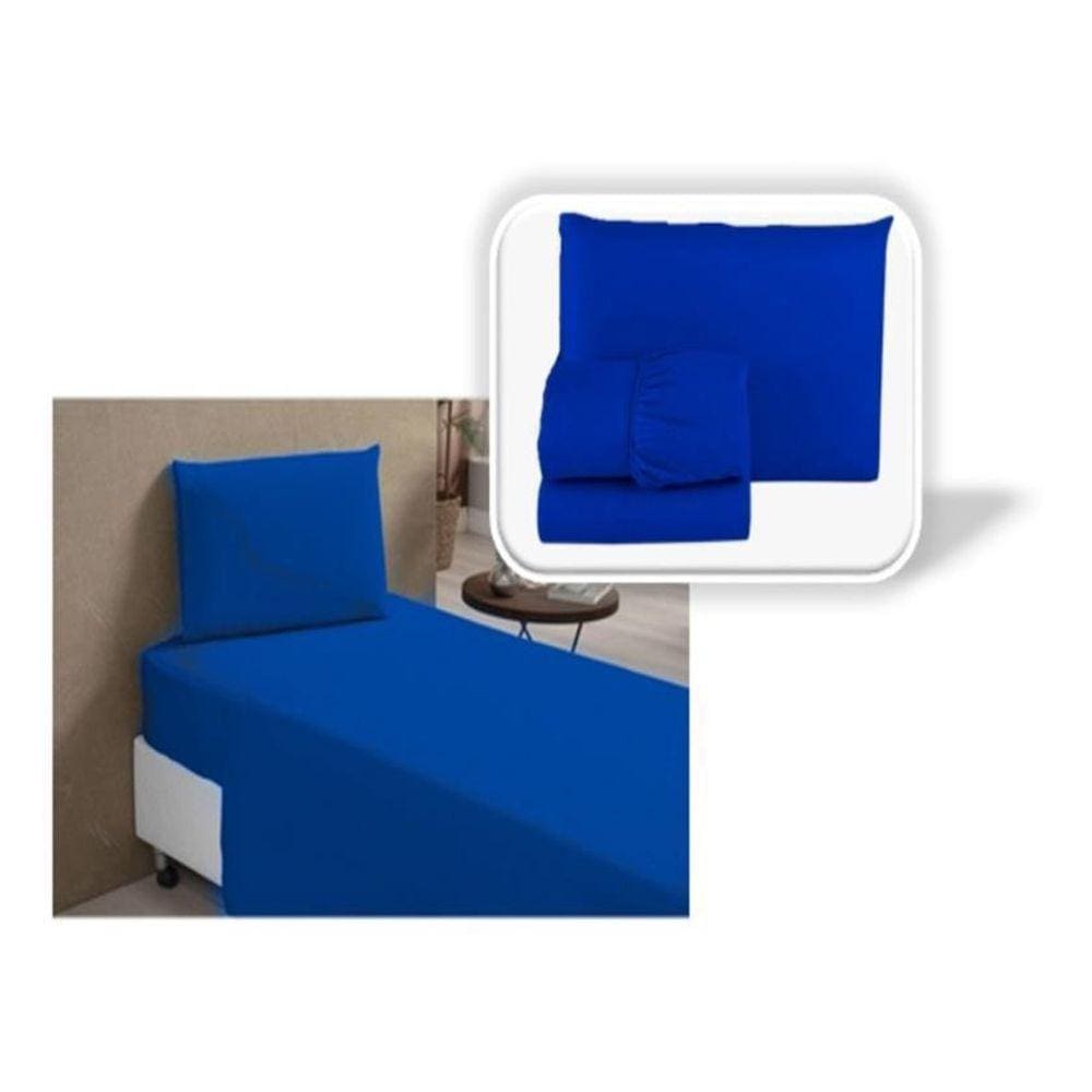 Kit Jogo De Lençol Solteiro 3 Peças Premium Cama Lisos Azul