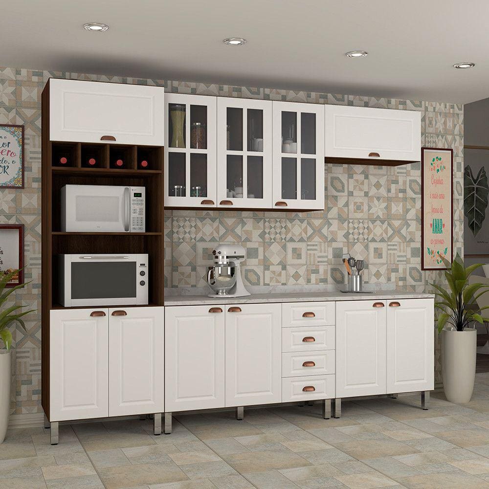 Cozinha Modulada Compacta 5 Peças com Tampo Nogueira Dourado com Branco Safira Luciane Móveis