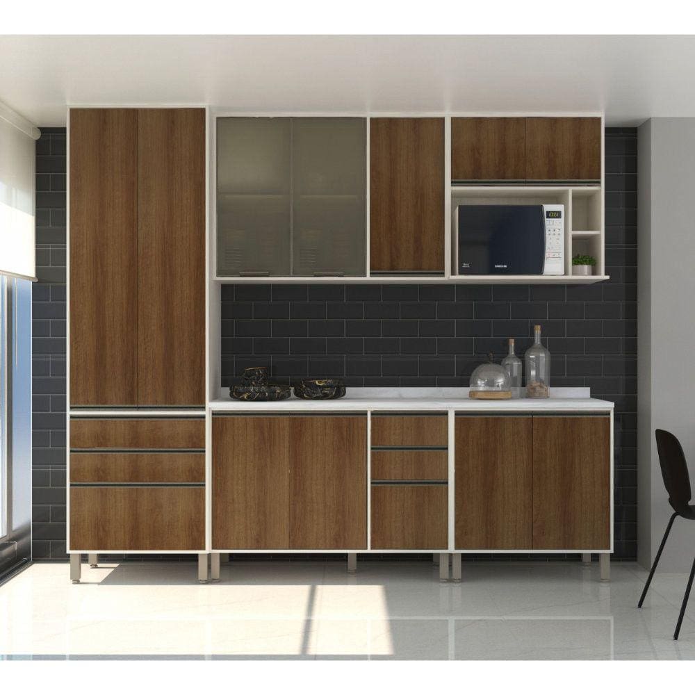 Cozinha Completa Modulada 6 Peças, Armário Vidro Reflecta, Paneleiro e Balcões Linea Luciane Móveis