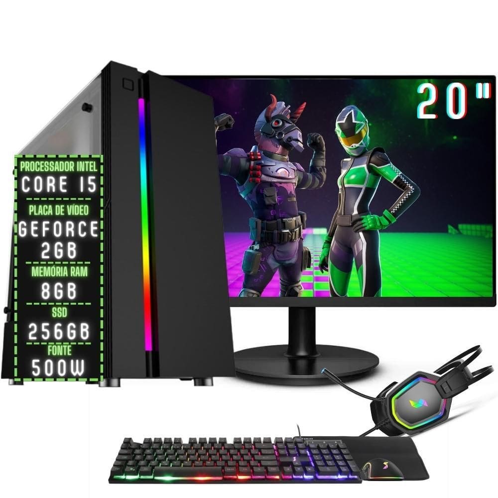PC Gamer Completo 3green Play Intel Core i5 8GB RAM Placa de vídeo Geforce 2GB SSD 256GB Monitor 20” 75Hz Fonte 500W 3GP-017