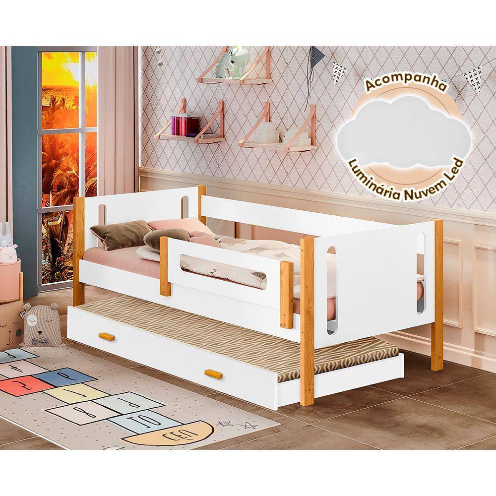 Cama Babá Solteiro Mirela C/ Cama Auxiliar Branco/amêndoa Grade de Proteção + Luminária Led