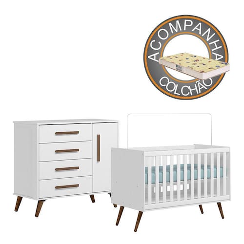 imagem-Quarto de Bebê Qencanto com Cômoda e Berço Qmovi Branco + Colchão Gazin