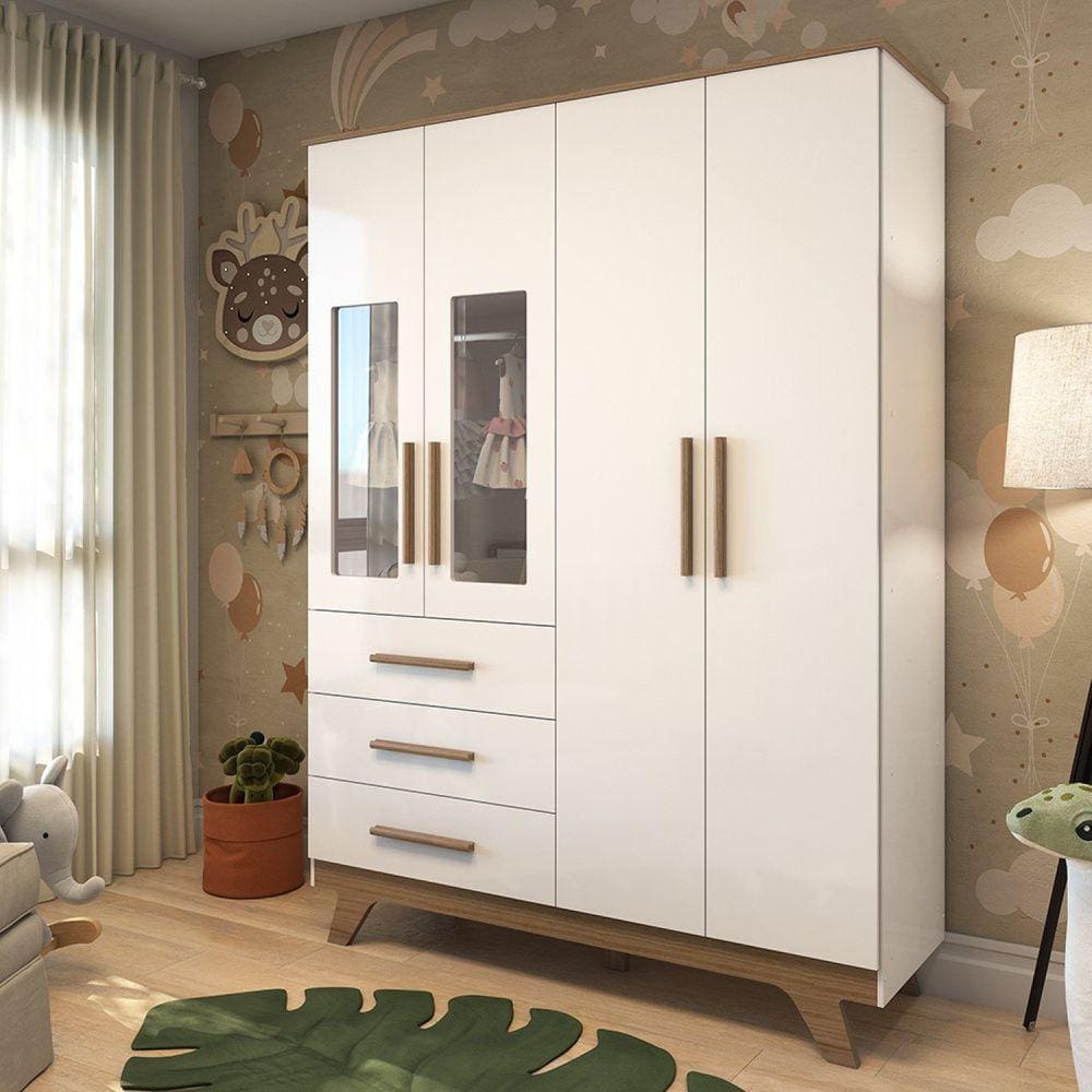 Guarda Roupa Infantil 4 Portas com Janela 3 Gavetas em MDF Kakau Retrô Móveis Peroba Branco Brilho/Carvalho