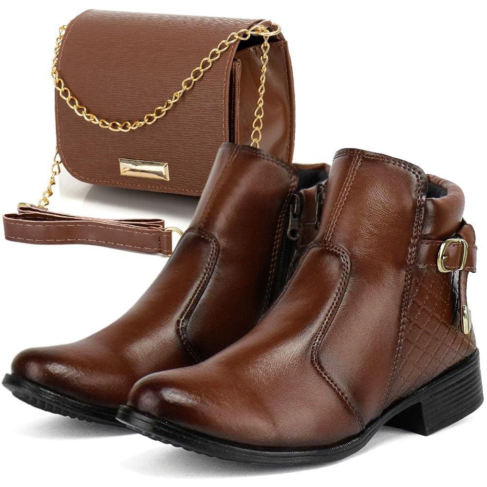 Bota Feminina Cano Curto + Bolsa de Zíper Com Alça Ajustável