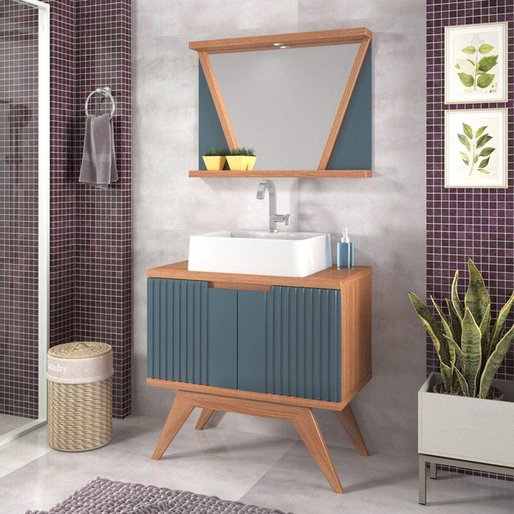 Conjunto para Banheiro Gabinete Pés Retrô 80cm 2 Portas com Cuba e Espelheira com LED 1 Prateleira Onix Berton Cinamomo/Azul Petróleo
