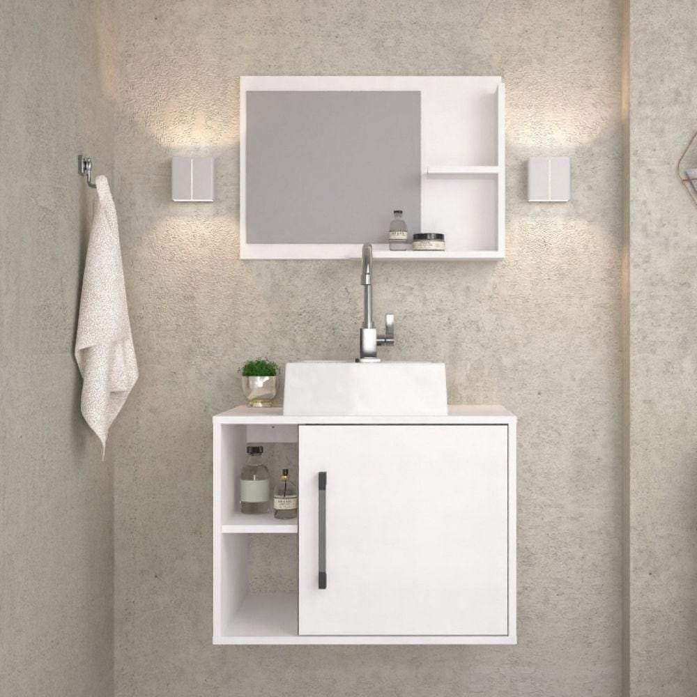 Conjunto para Banheiro Gabinete com Cuba Quadrada Q32 e Espelheira Laura 600 Yescasa Branco Chess