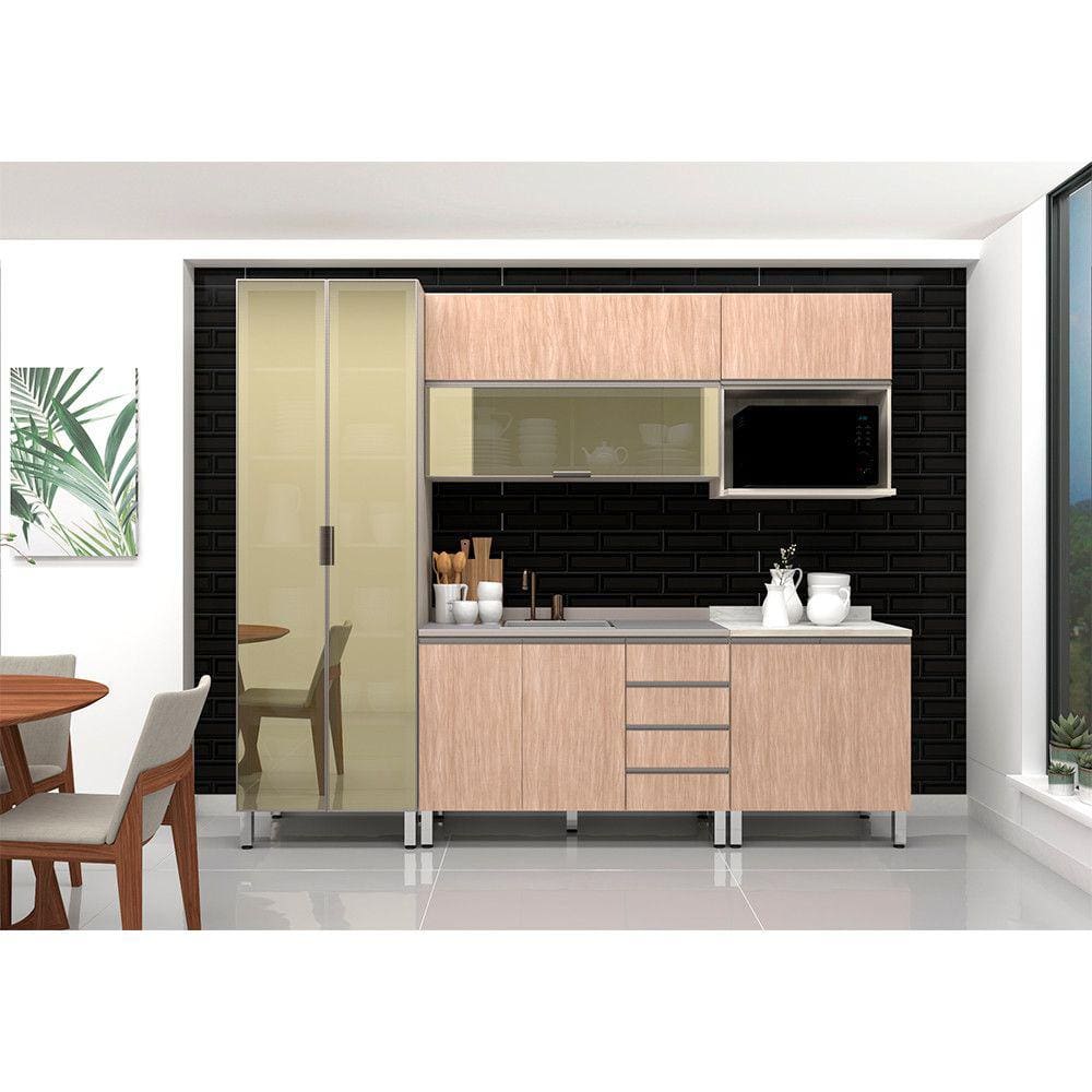 Armário de Cozinha Compacta 6 Peças sem Tampo de 120cm Legno Crema com Cumaru Luci Luciane Móveis