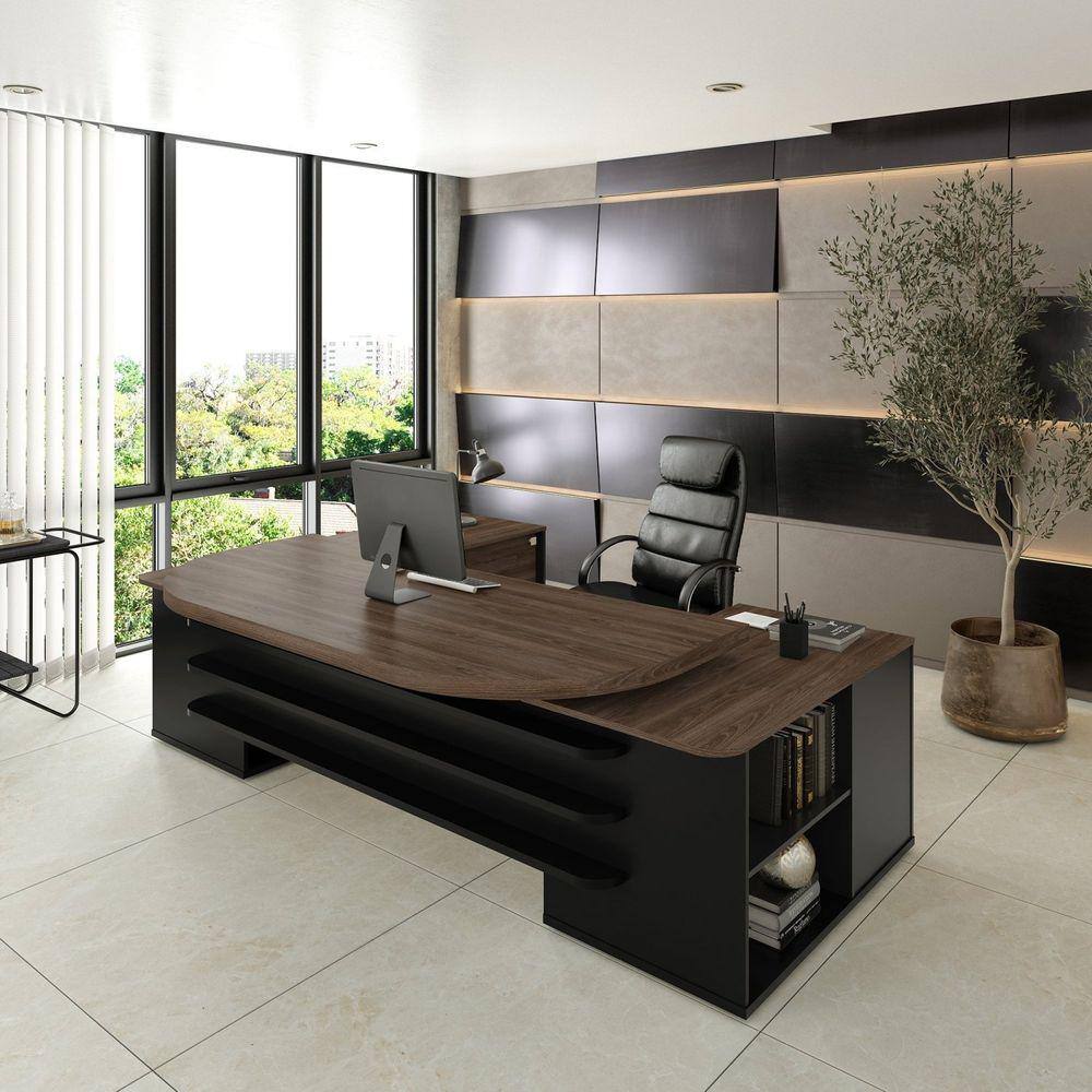 Mesa Para Escritório Presidente 4 Gavetas 2 Portas Executiva Artany Charuto/Preto