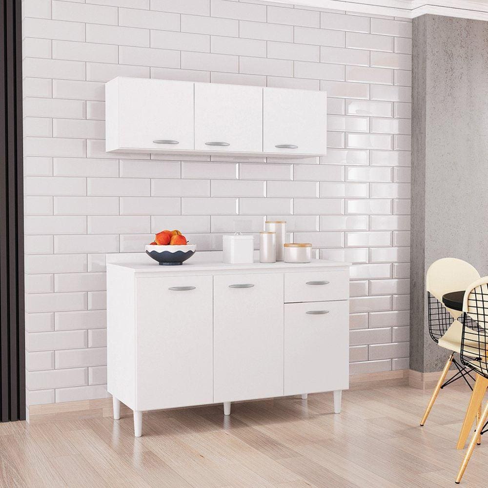 Armário de Cozinha Compacta 2 Peças 6 Portas 1 Gaveta 120x190cm Poquema Móveis Branco