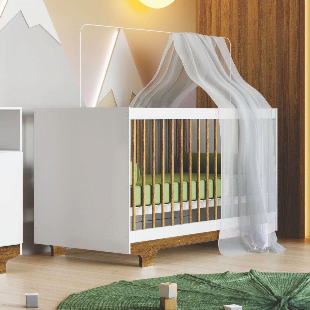 Berço Mini Cama 100% MDF Flocos Tigus Baby Branco/Madeirado Ypê