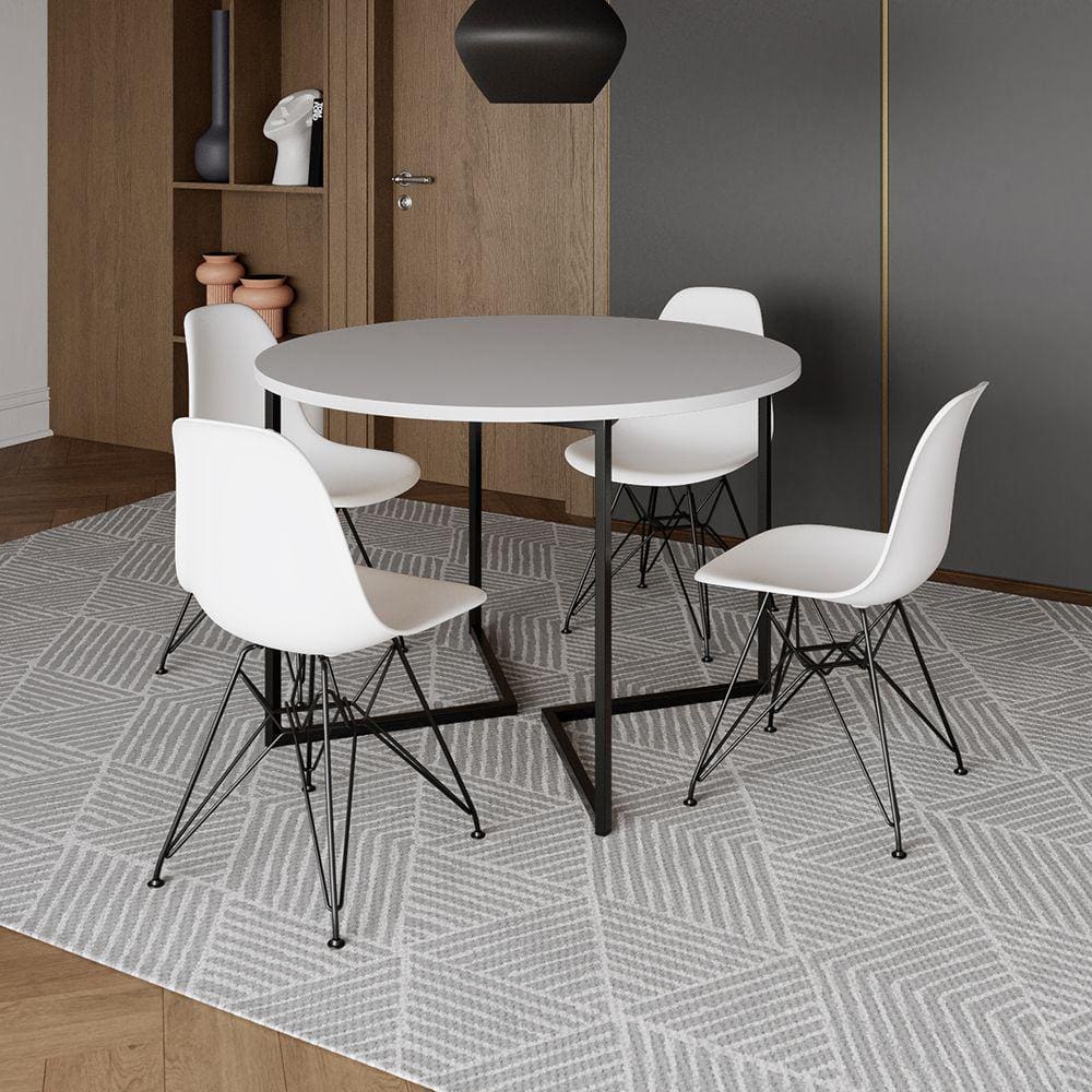 Mesa Industrial Jantar Redonda Branca 110cm Base V com 4 Cadeiras Eames Brancas Ferro Preto