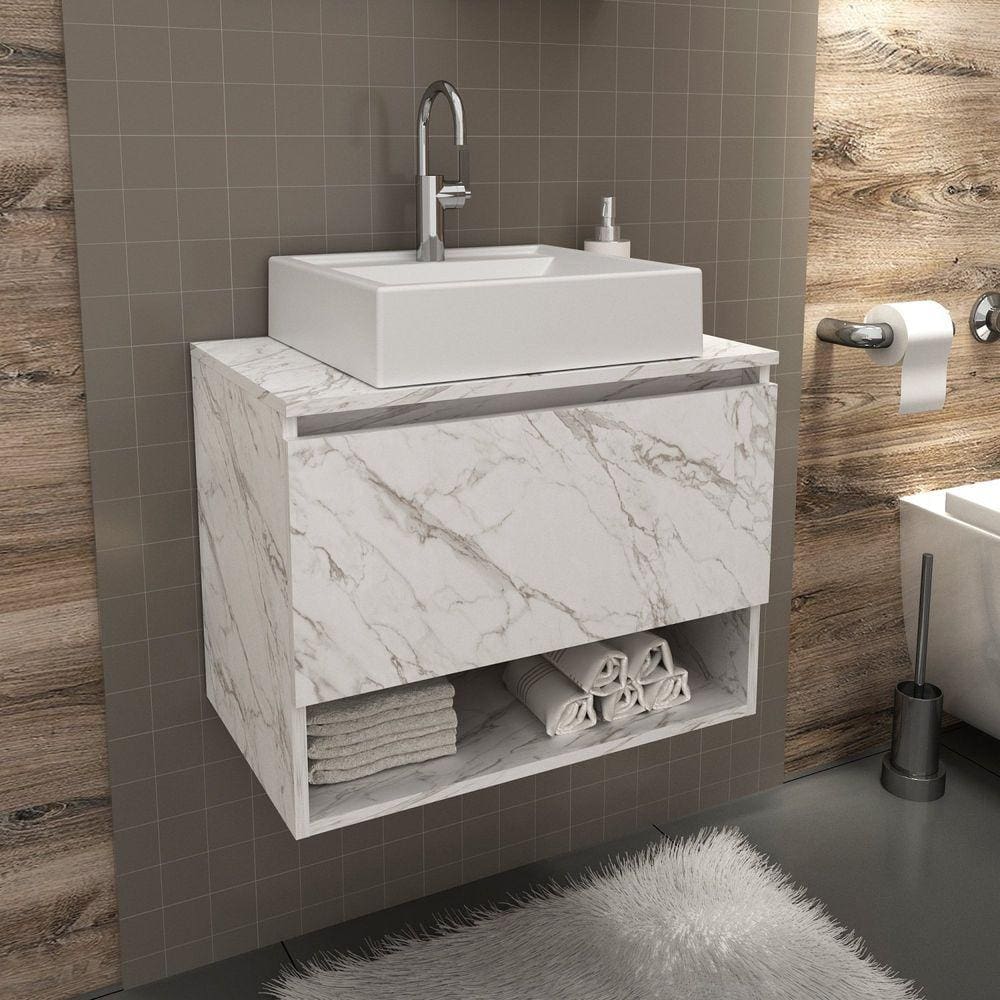 Gabinete Suspenso para Banheiro 60cm 1 Porta Basculante 1 Nicho BN3606 Tecno Mobili Mármore Branco