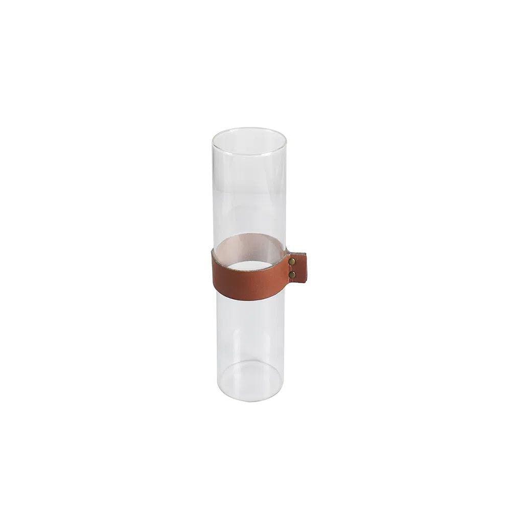 Vaso Decorativo Cilindrico de Vidro com Faixa de Couro 27cm RHO0008 BTC