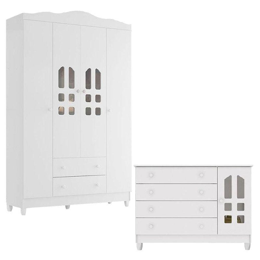 Cômoda Selena e Guarda Roupa Infantil New Selena 4 Portas Branco Brilho - Carolina Móveis