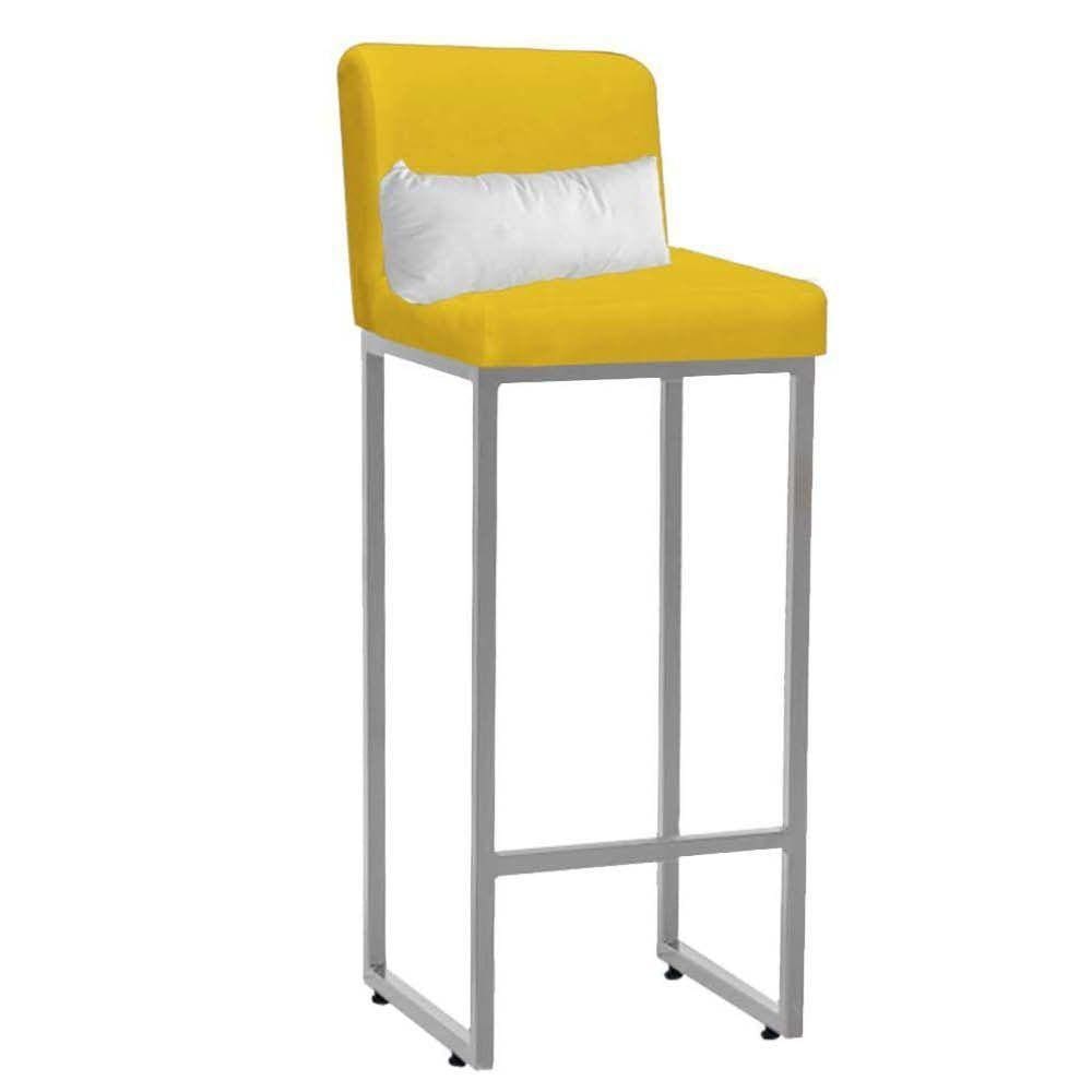 Banqueta Alta Industrial Ferro Prata E Almofada Branco