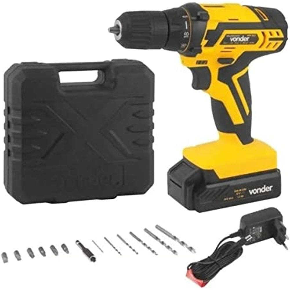 FURADEIRA PARAFUSADEIRA 3/8" 12,0V BIVOLT A BATERIA COM KIT 17 PEÇAS VONDER PFV012 6001012000