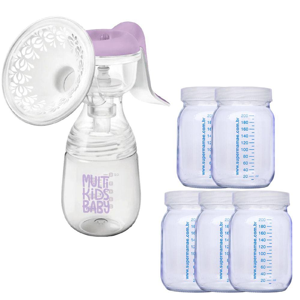Kit Extrator de Leite Manual Multikids + 5 Potes de Vidro para Leite Materno 200ml