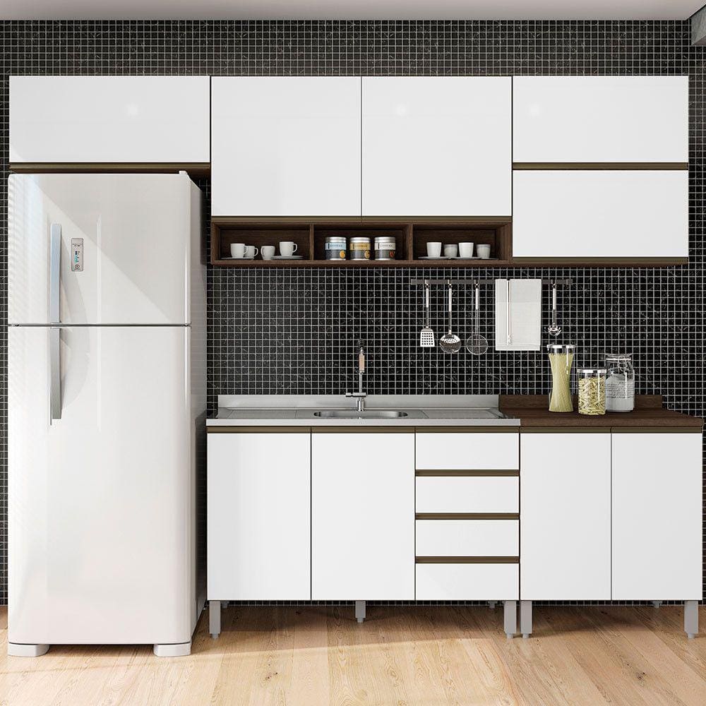 Cozinha Modulada Compacta 6 Peças Nogueira Dourado com Branco Jade Luciane Móveis