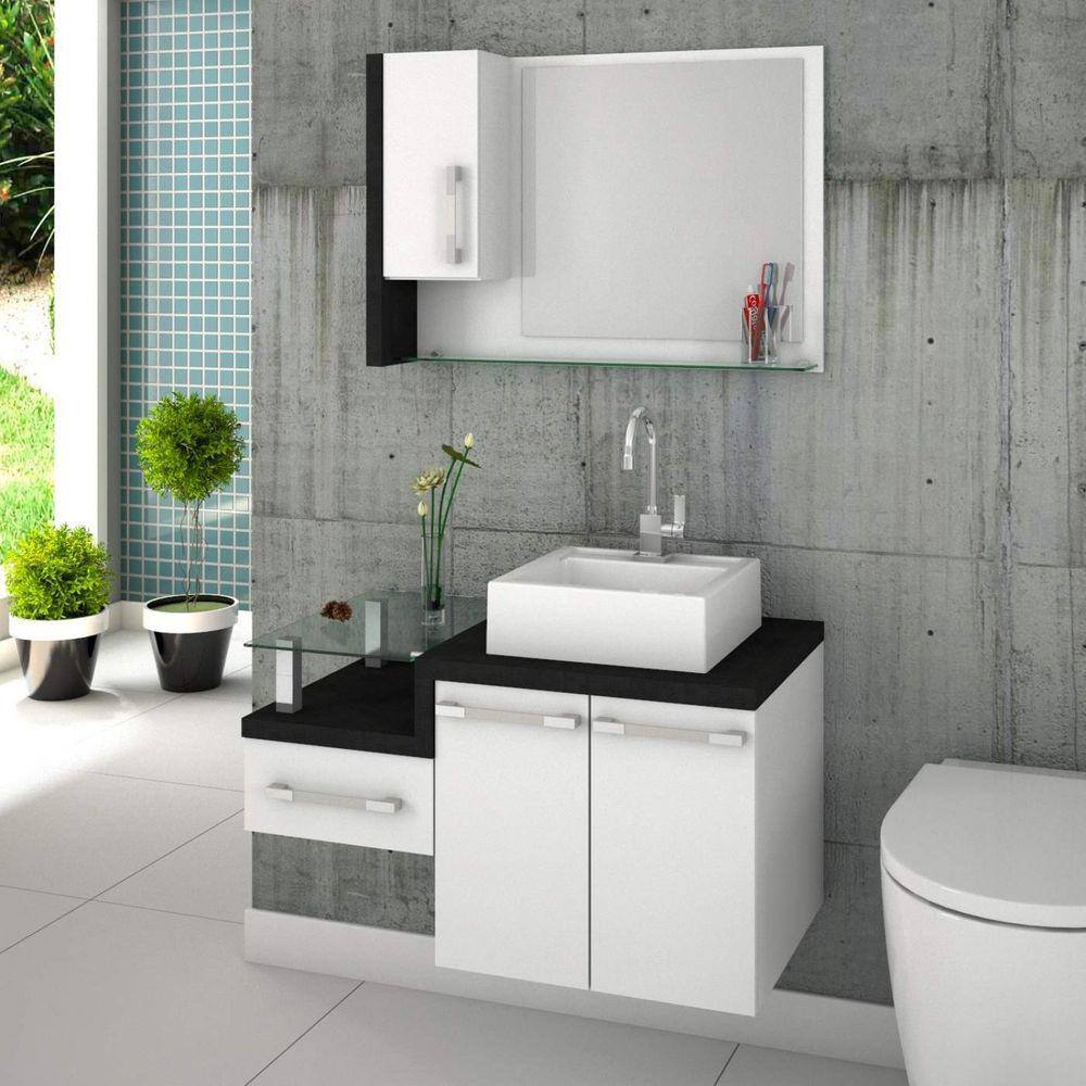 Gabinete para Banheiro 2 Portas 1 Gaveta com Cuba e Espelheira Legno 830W Espresso Móveis Branco/Preto Onix