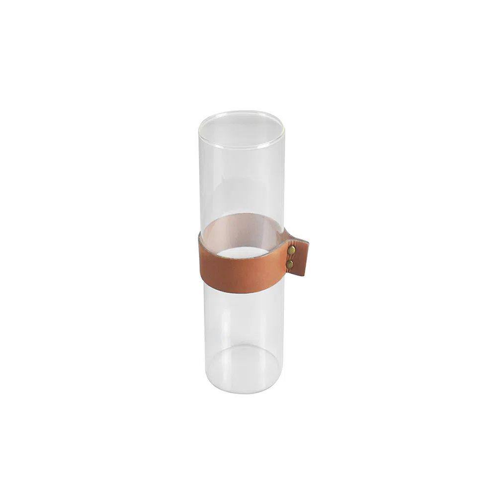 Vaso Decorativo Cilindrico de Vidro com Faixa de Couro 23cm RHO0007 BTC