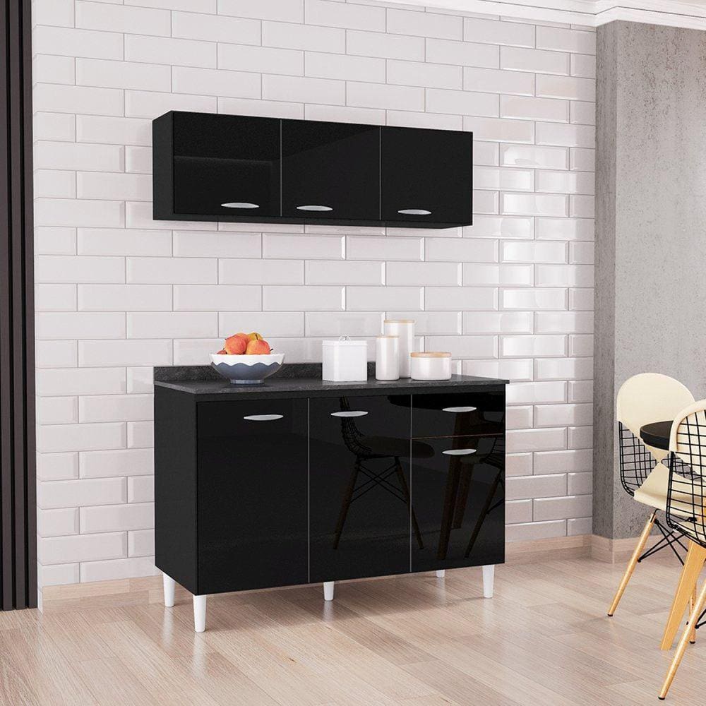 Cozinha Compacta 2 Peças Balcão 3 Portas 1 Gaveta com Armário Aéreo 3 Portas Poquema Móveis Preto