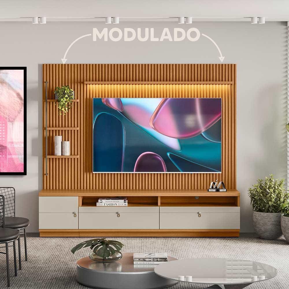 Rack com Painel Ripado 1 Modulo Lateral Esquerdo Ouro Preto Nature Off White Linea