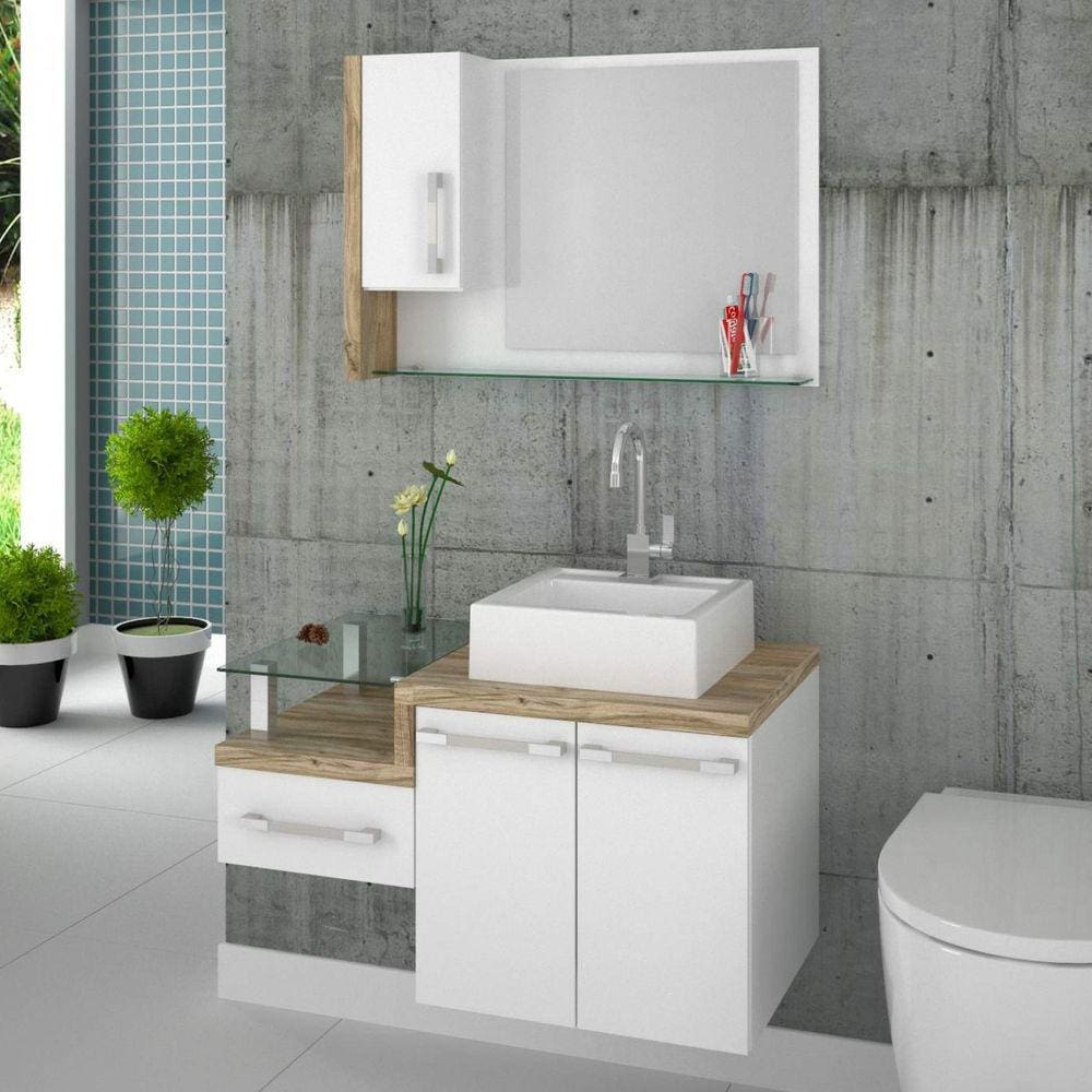 Gabinete para Banheiro 2 Portas 1 Gaveta com Cuba e Espelheira Legno 830W Espresso Móveis Branco/Carvalho