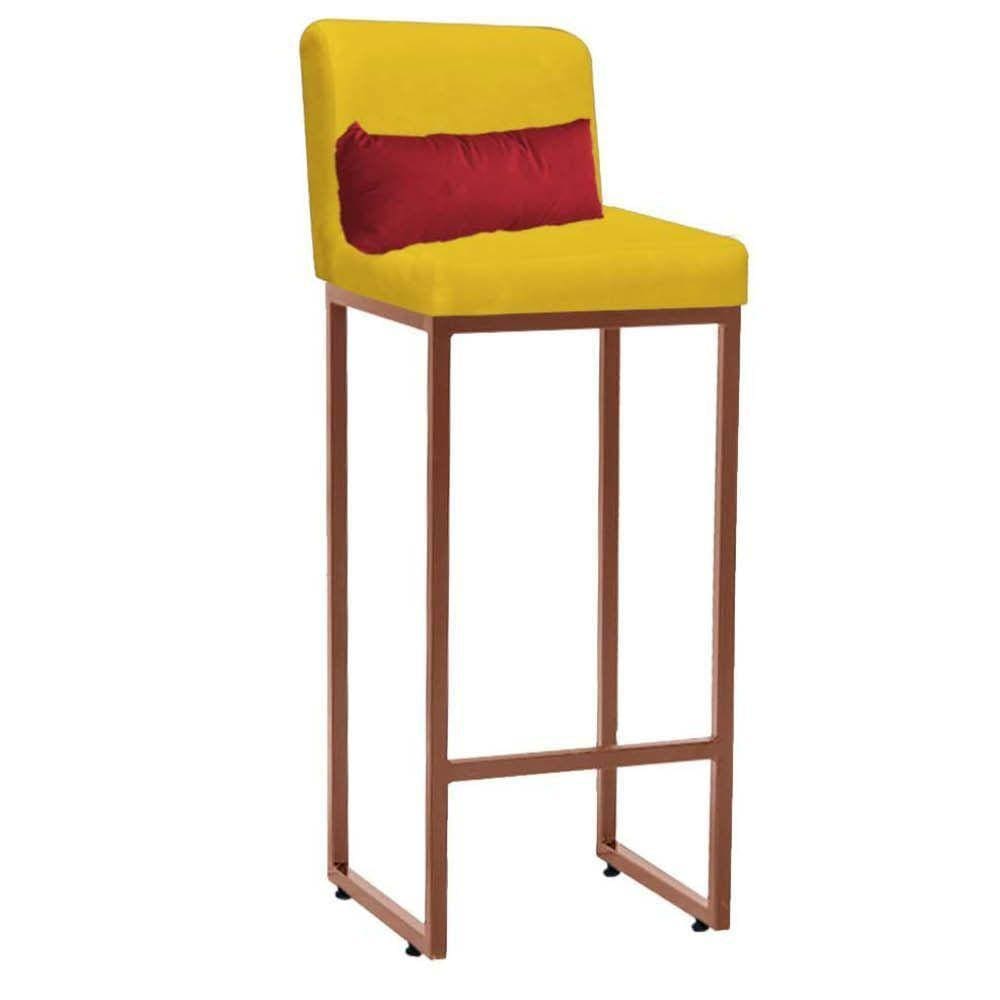 Banqueta Alta Industrial Ferro Bronze E Almofada Vermelho