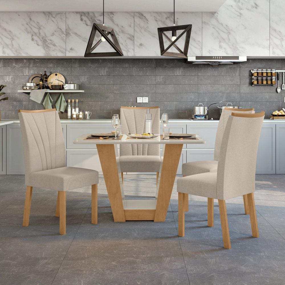 Conjunto Sala de Jantar Mesa 120x80cm Tampo Vidro/MDF com 4 Cadeiras Apogeu Móveis Lopas Amêndoa Clean/Off White/Bege