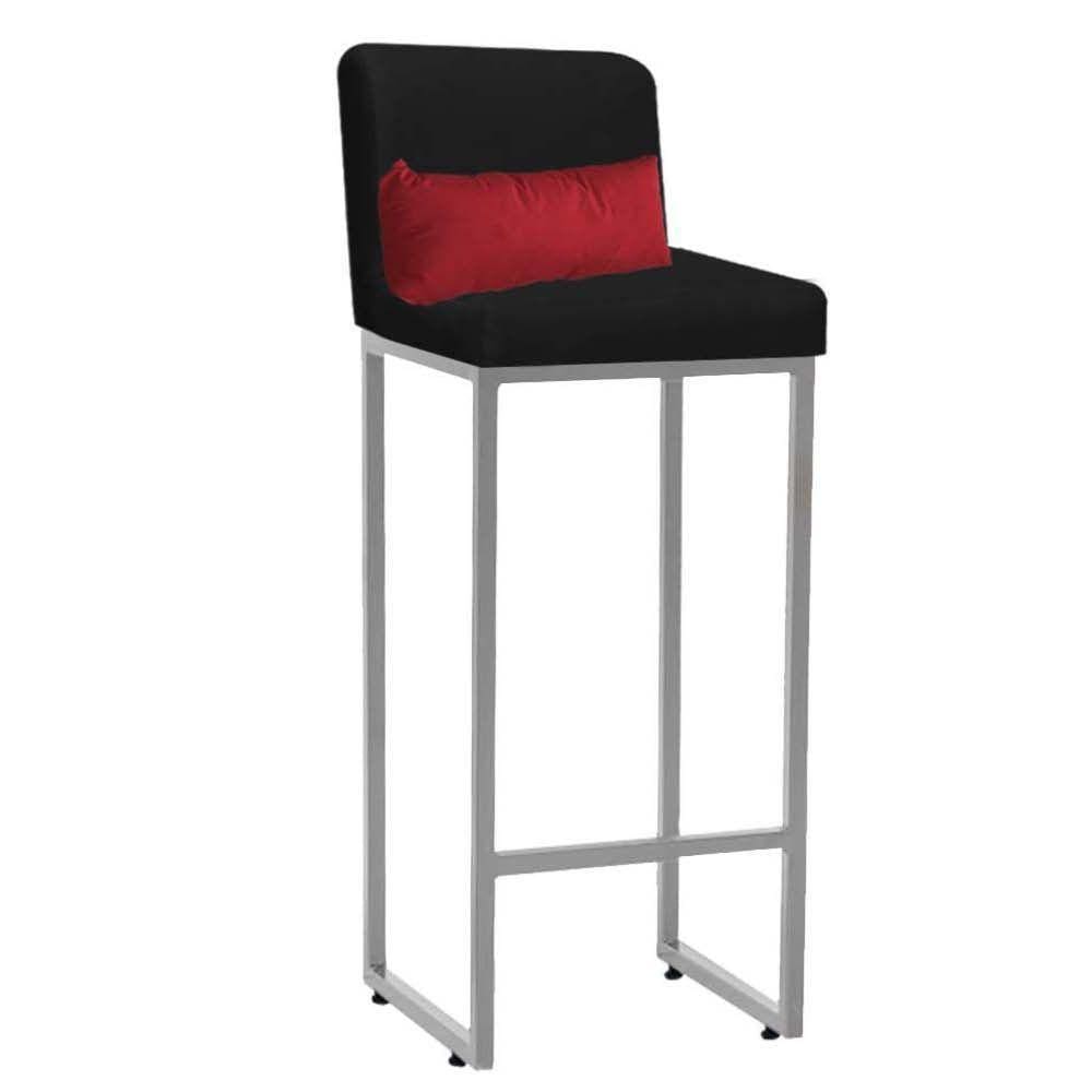 Banqueta Alta Industrial Ferro Prata E Almofada Vermelho