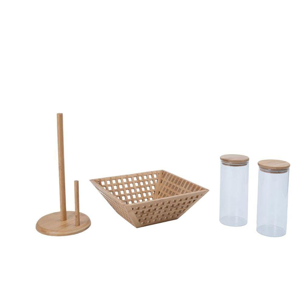 Kit 2 potes de vidro tampa bambu 800ml, fruteira vazada bambu e porta papel toalha de bambu Oikos