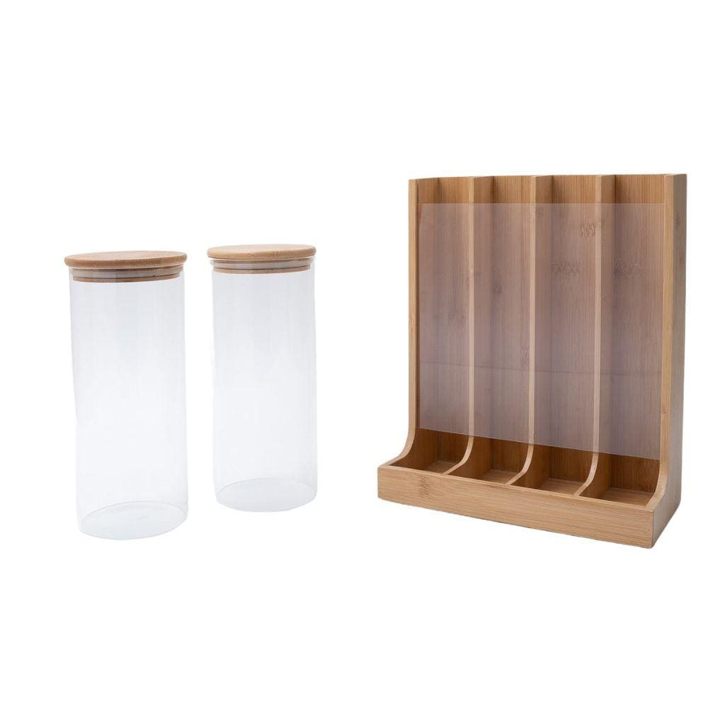 Kit com 2 potes de vidro com tampa de bambu 800ml e porta cápsulas de bambu - Oikos