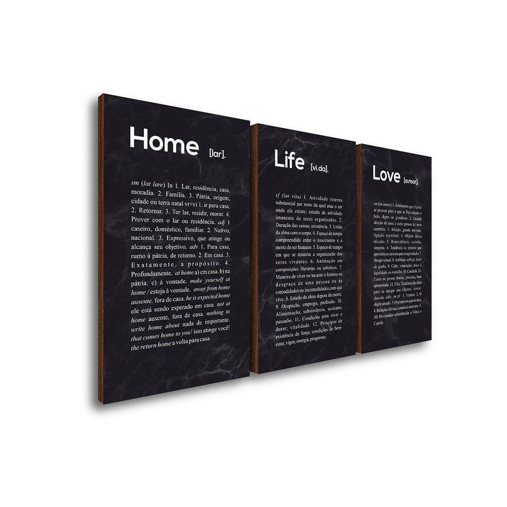 Quadros Decorativos Trio Home Life Love + Texto Para Sala