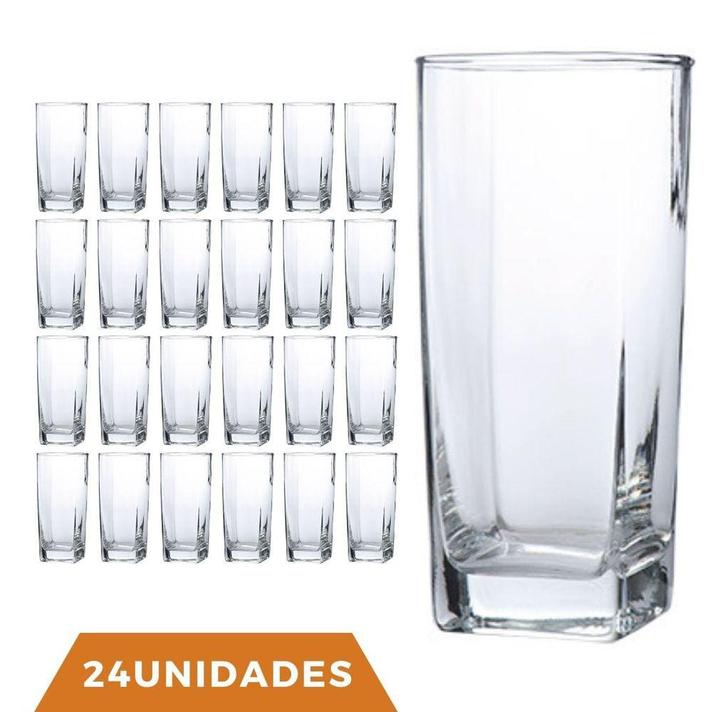 Copo Vidro 320ml Quadrado Bali Kit com 24 Transparente Luxo
