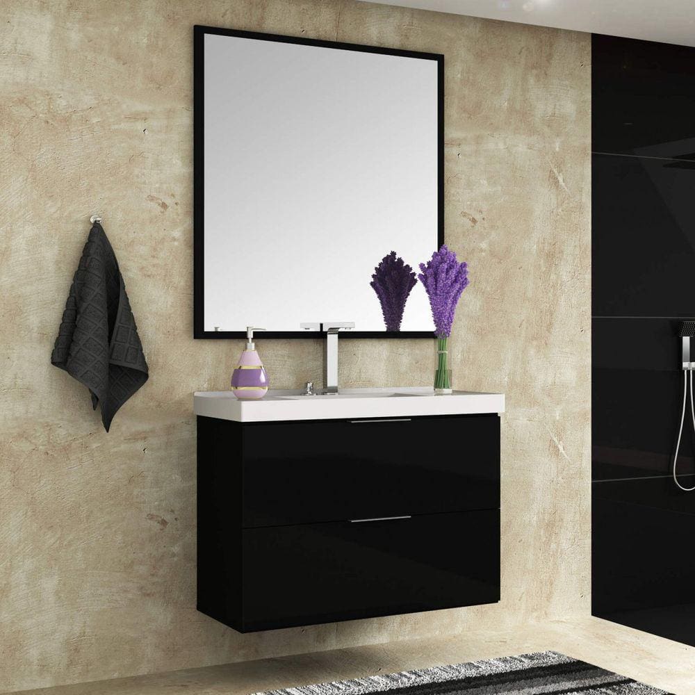 Conjunto para Banheiro Gabinete com Cuba e Espelheira 80cm Pietra Móveis Bosi Preto/Preto Brilho
