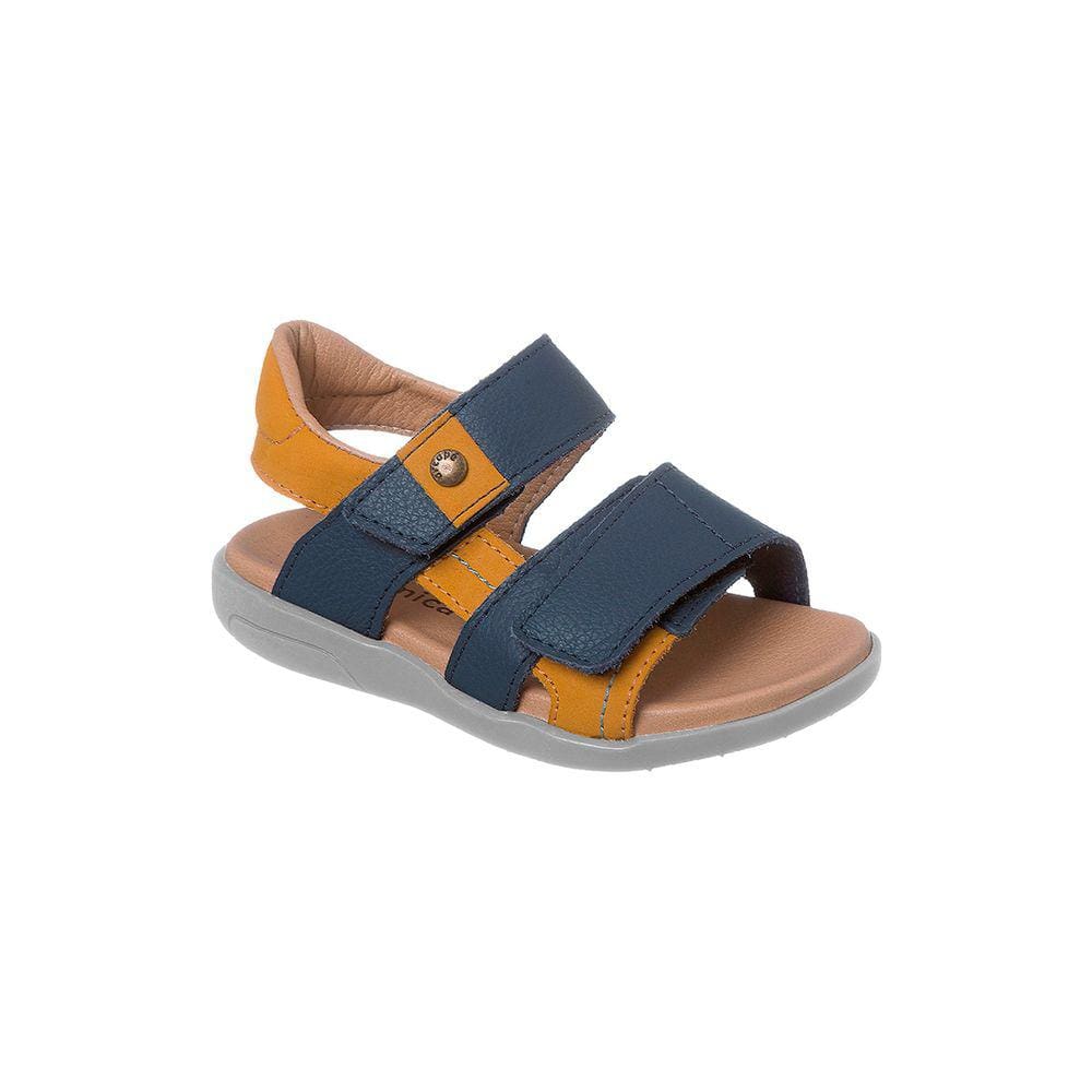 Sandália Infantil Masculina Ortopé Autêntica Couro Azul Marinho e Mostarda