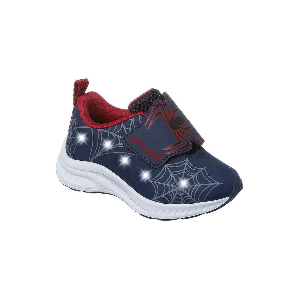 Tênis de Led Infantil Masculino Ortopé Dna Light Aranha Azul Marinho e Vermelho