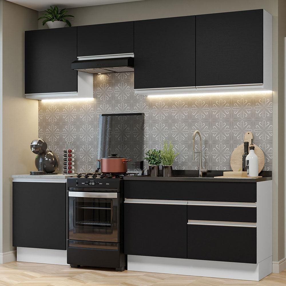 Armário De Cozinha Completa 240Cm Branco/Preto Glamy Madesa