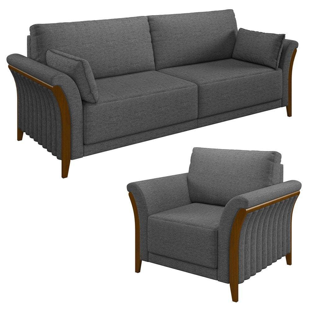 Kit Sofá Living 3 Lugares e Poltrona 102cm Pés Madeira Roya M22 Linho Cinza Escuro - Mpozenato