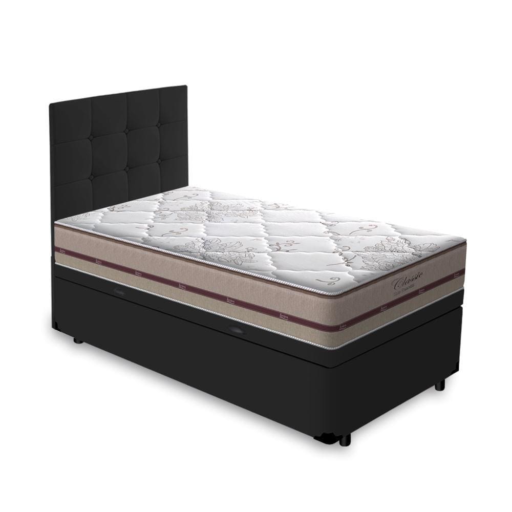 Box Baú + Cabeceira Cassis e Colchão Solteiro - Anjos - Classic Mola Ensacada - 88x188x64cm Preto