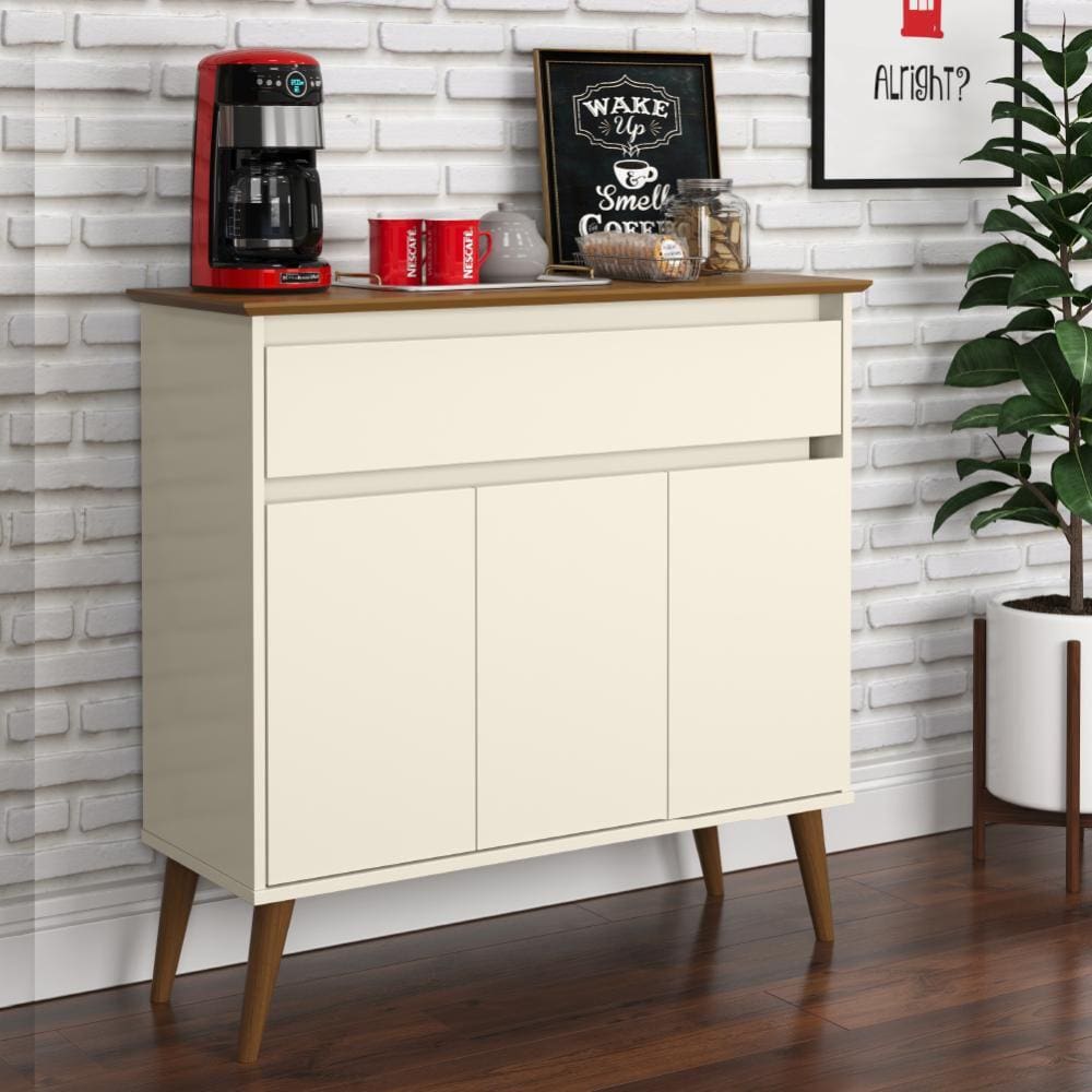 Aparador Buffet Multiuso Zeus 3 Portas 1 Gaveta Retrô EJ Móveis Off White / Freijó