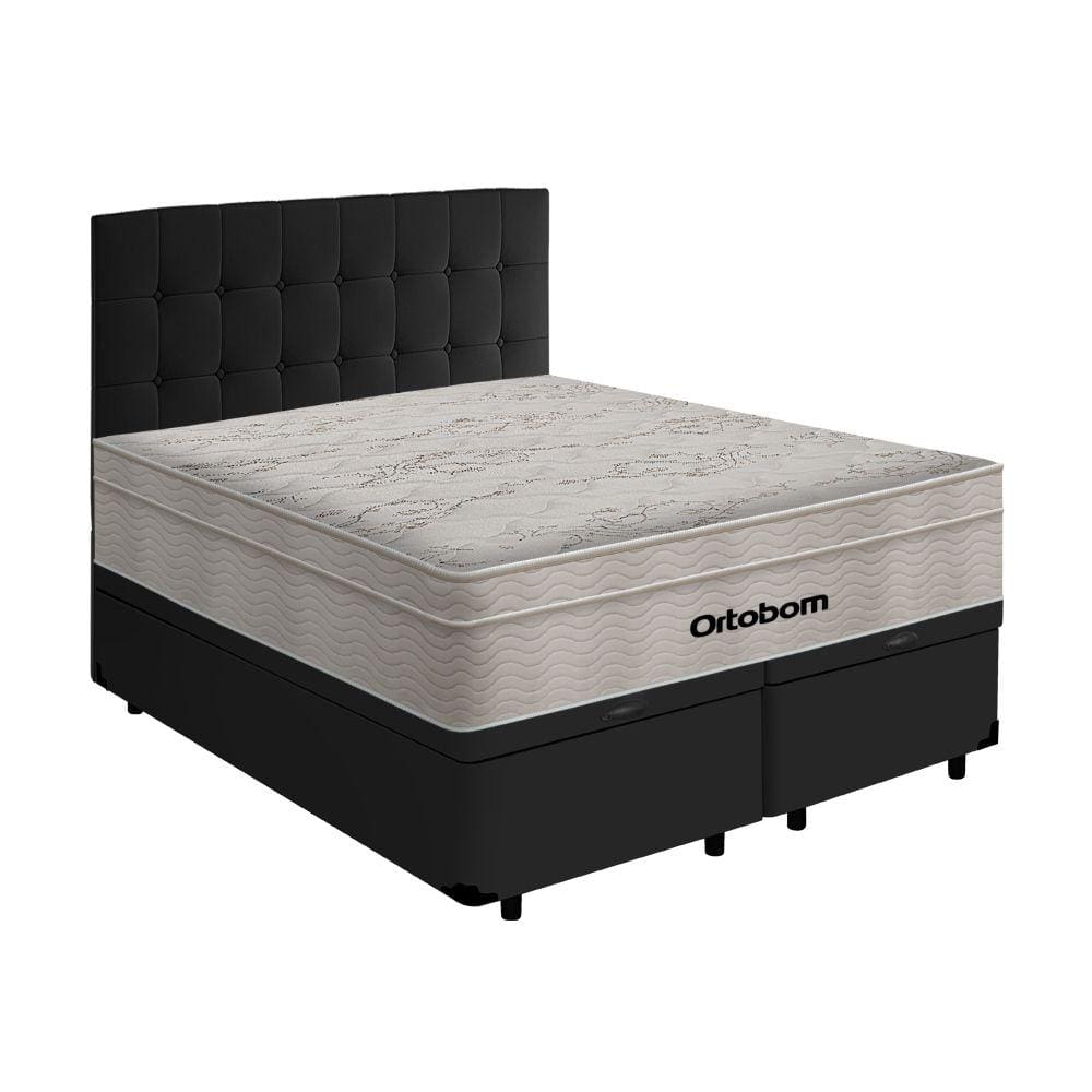 Box Baú + Cabeceira Cassis e Colchão Queen- Ortobom- AirTech SpringPocket- 158x198x67cm Preto
