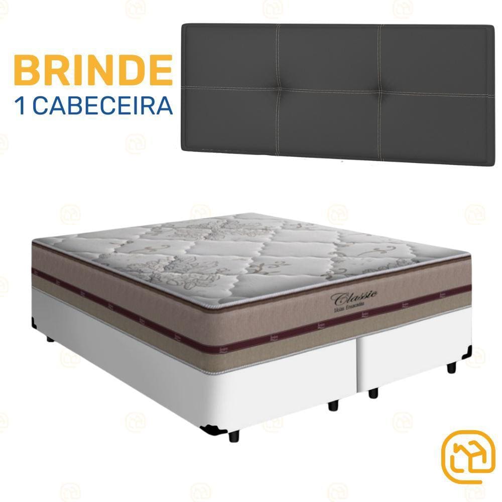 Box Queen Branca + Cabeceira Painel Iris Preta + Colchão Classic Molas Ensacadas 158cm