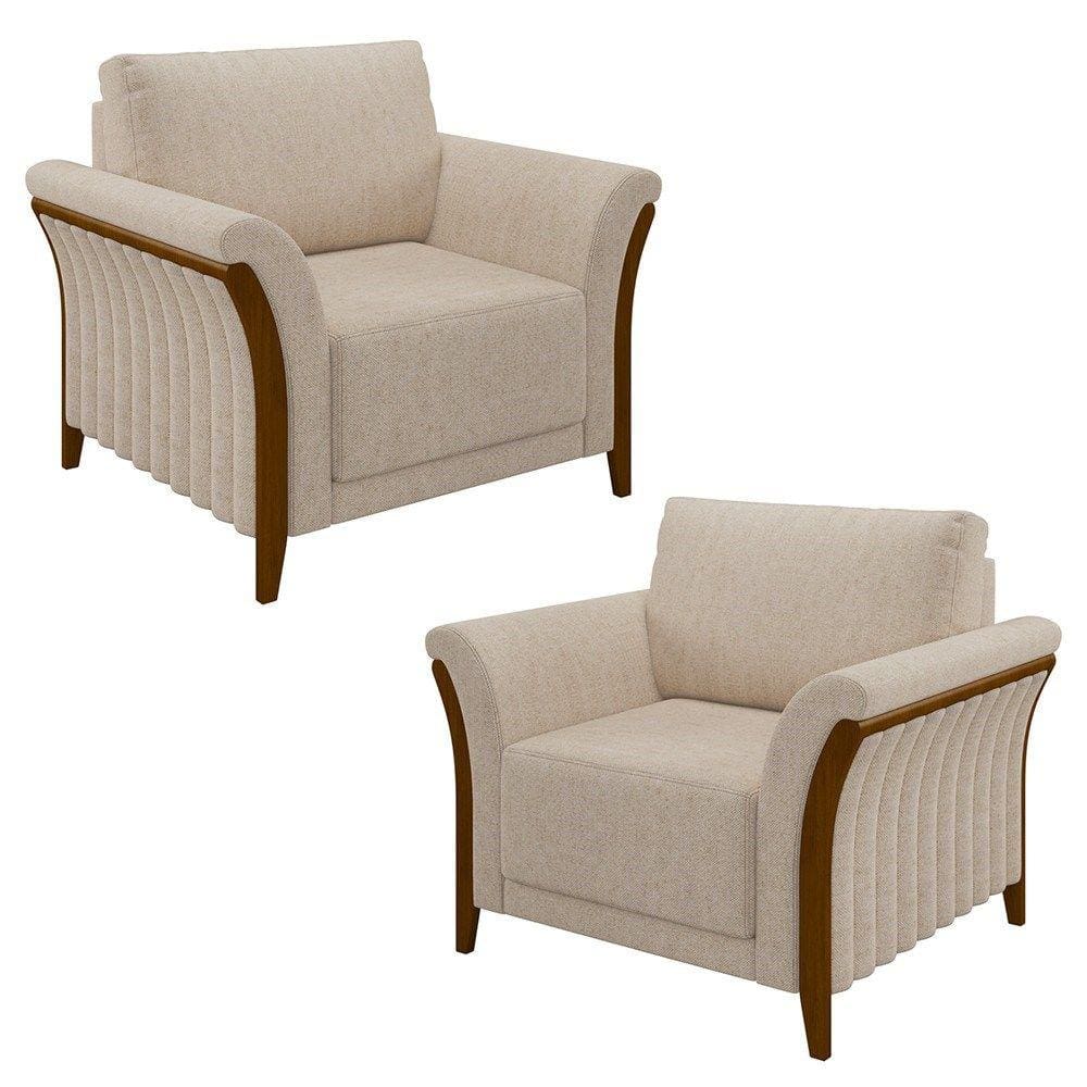 Kit 2 Poltronas Decorativas Sala de Estar 102cm Pés Madeira Roya M22 Linho Cru - Mpozenato