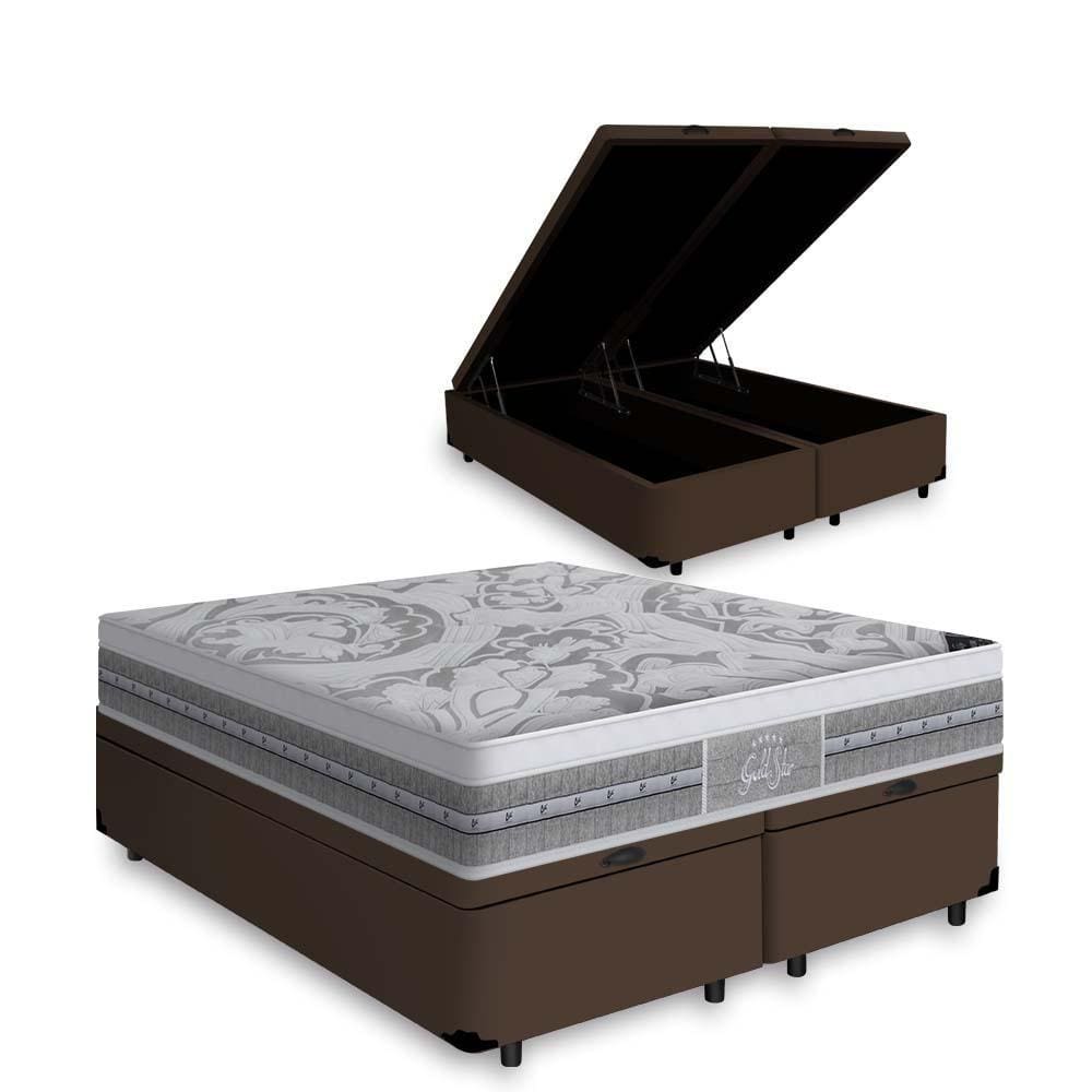 Cama Box Com Baú Queen Marrom + Colchão de Molas Ensacadas - Castor - Gold Star Gran Plush 158cm