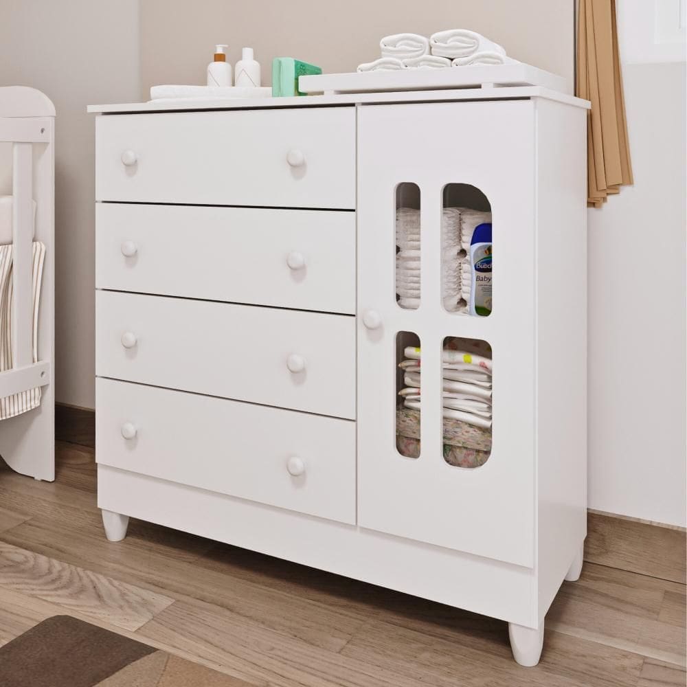 Cômoda Infantil Bebê Gabrielle 4 Gavetas com Porta Fraldário Branco com Bétula Carolina Baby